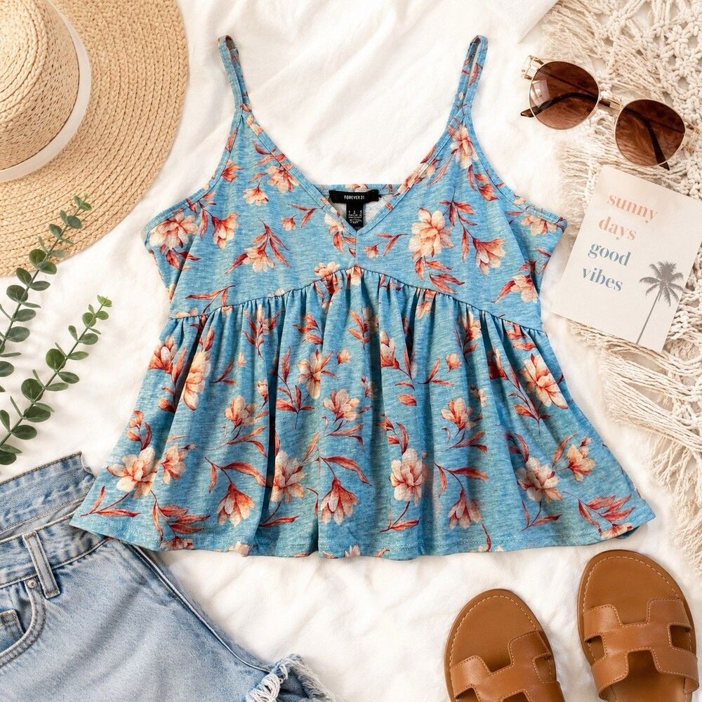 Forever 21 Blue Floral Babydoll Top Beachy Boho Resortwear Vacation Size M